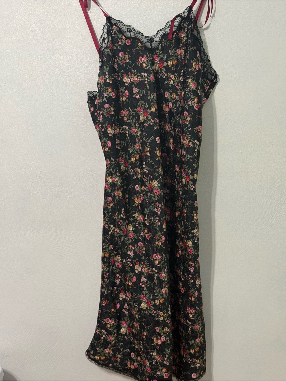 Vintage Black Floral Lace-Trim Slip Dress size Large